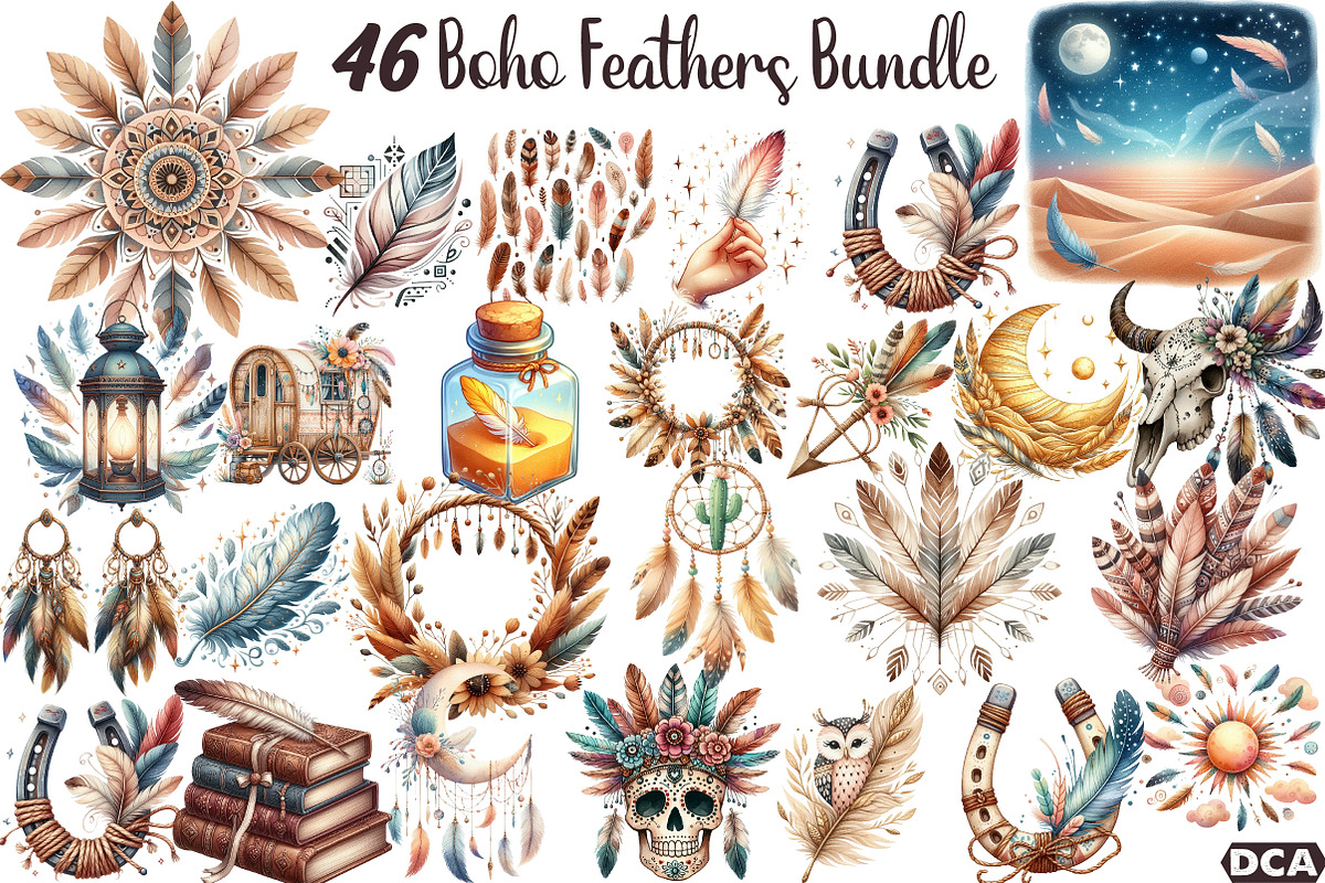 Boho Clipart Png Bundle Feathers, an Illustration by DreamCafeArt (Photo 1 of 6)