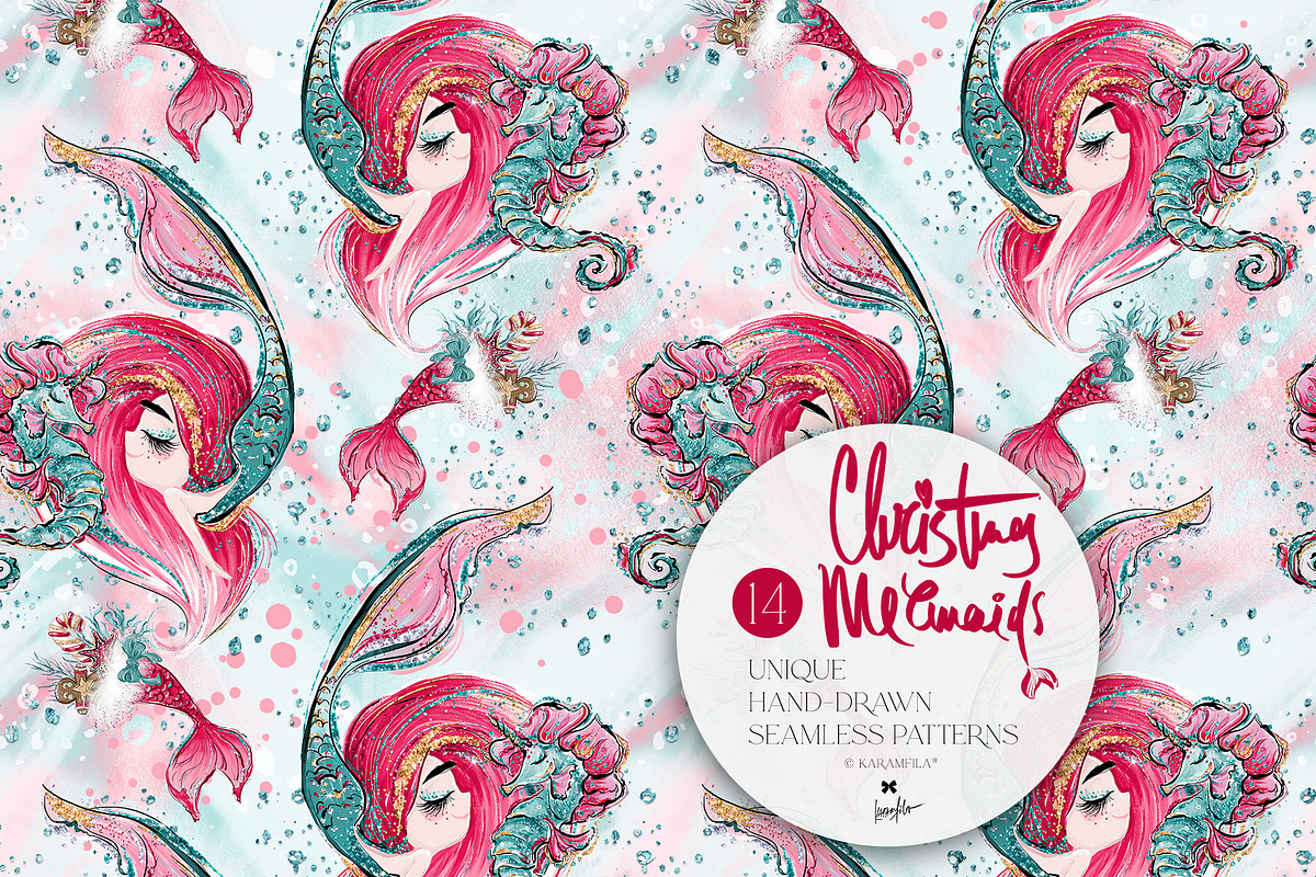 Christmas Mermaids Seamless Patterns, a Pattern Graphic by KaramfilaS (Photo 16 of 19)