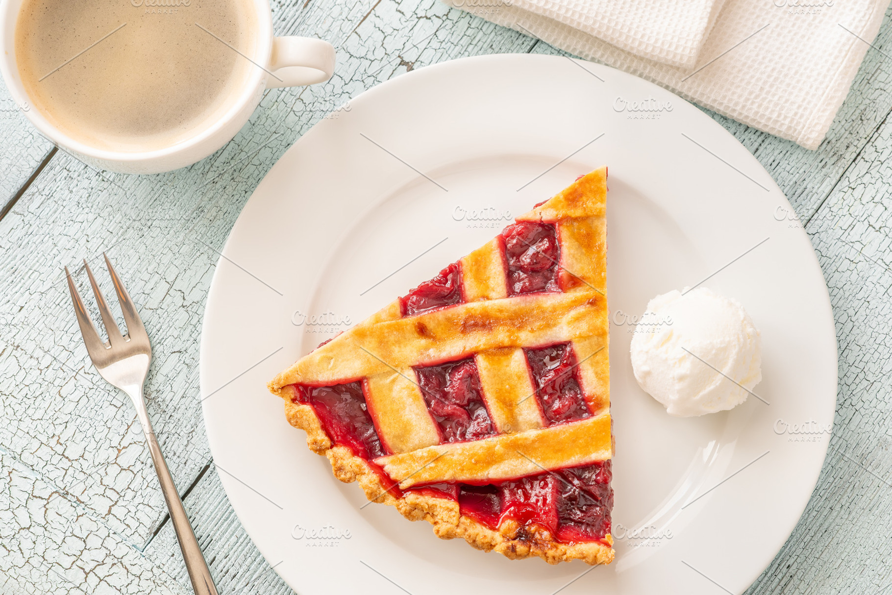 Cherry pie slice with melting ice, a Food & Drink Photo by Alexander Prokopenko