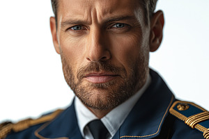 Confident male officer in a navy uniform exuding authority and strength., a Person Photo by ImageMir