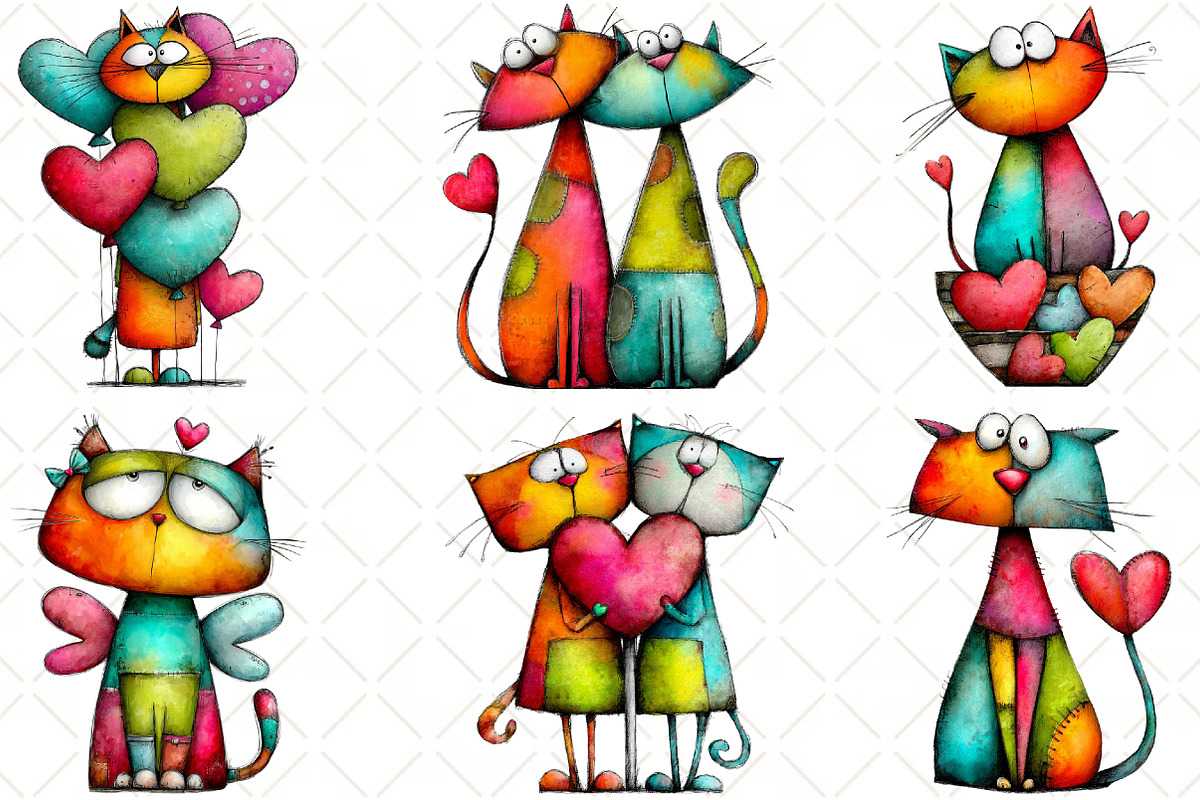 Quirky Valentine Cats Clipart, an Animal Illustration by Black Bird Studio (Photo 5 of 6)