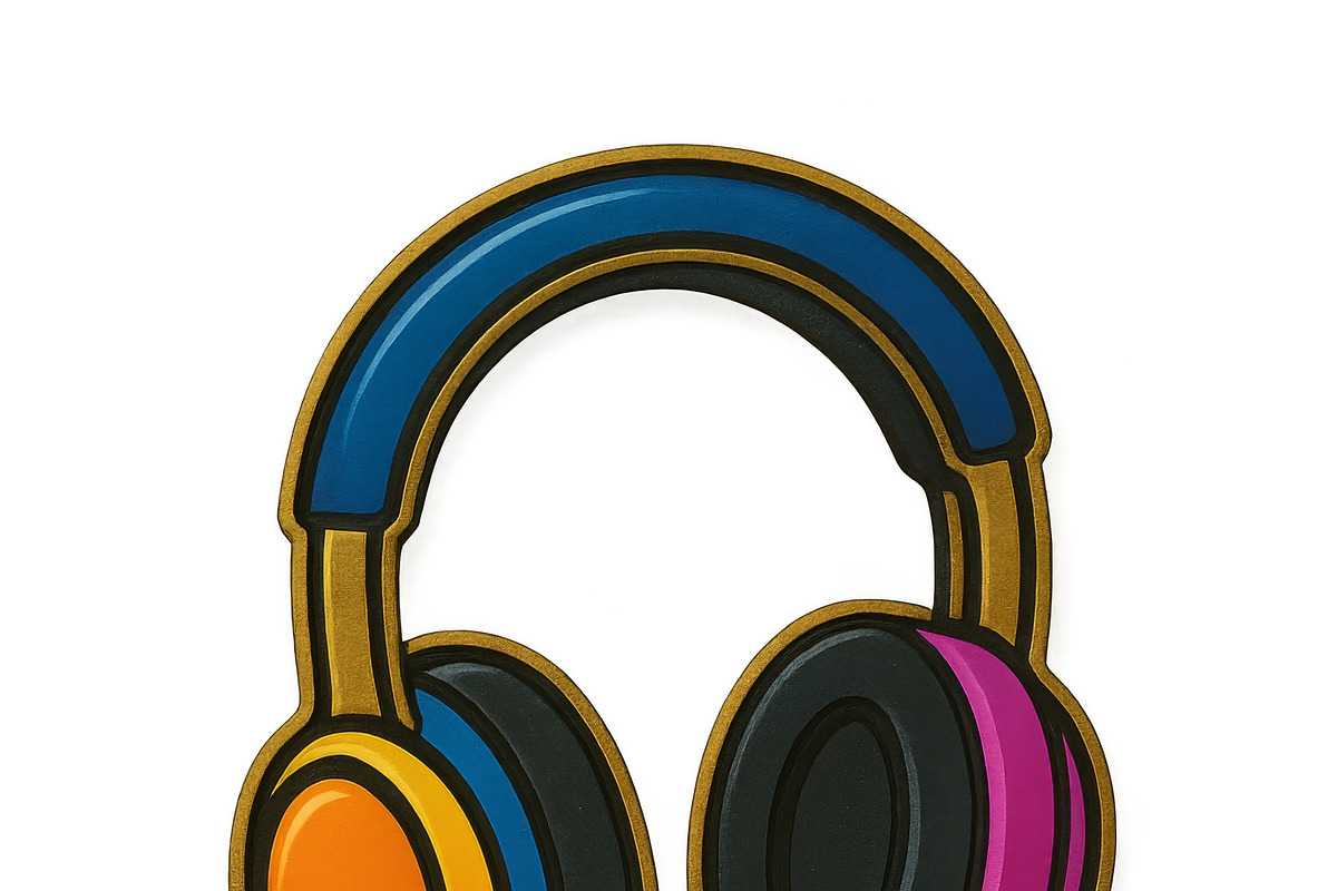 Enamel pin with colorful headphones, an Illustration by Dvoevnore photos