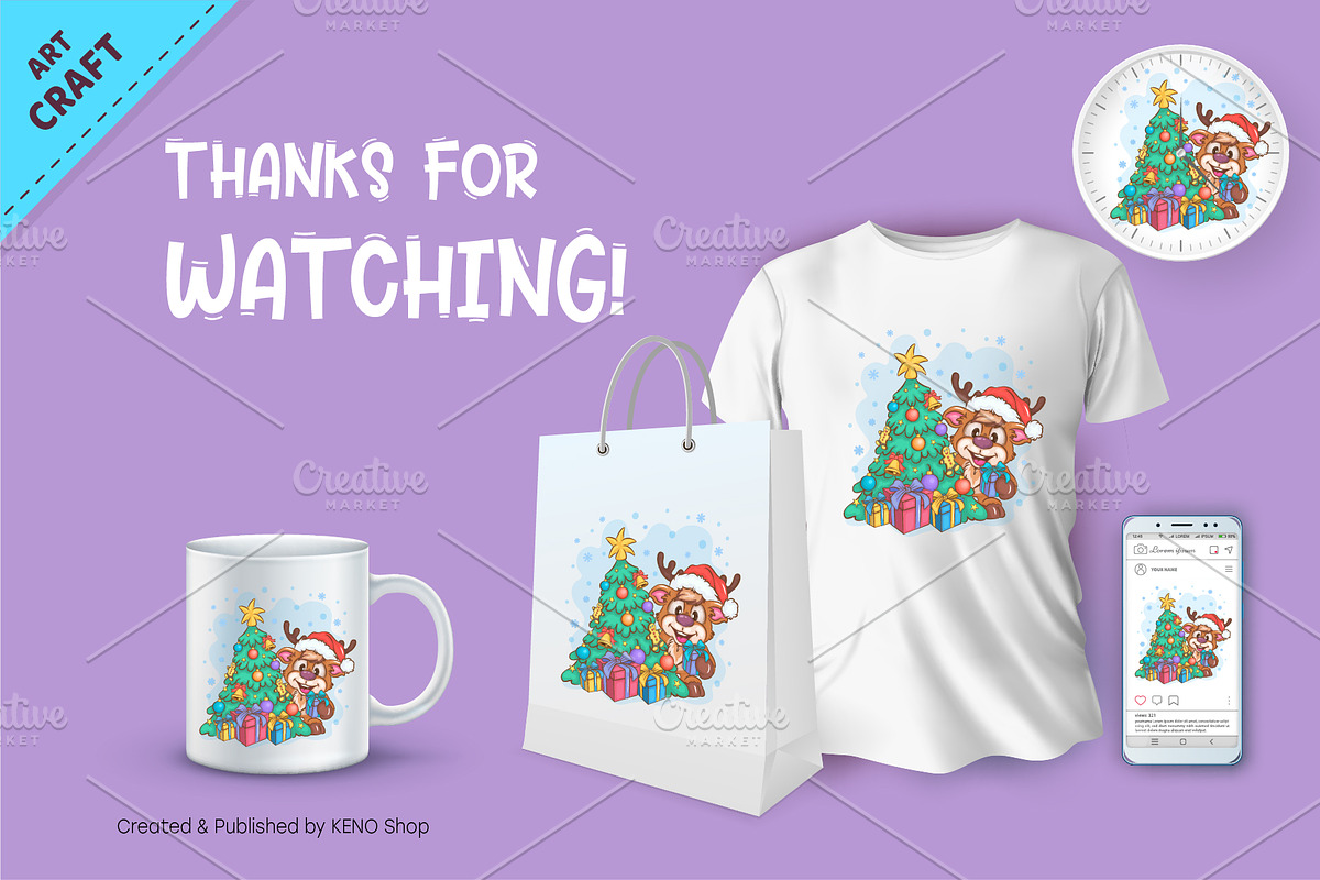 Cartoon Deer and Christmas Tree., an Animal Illustration by KENO Mascots (Photo 3 of 3)