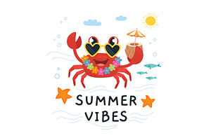 Crab print. Funny crab in sunglasses, an Animal Illustration by LadadikArt