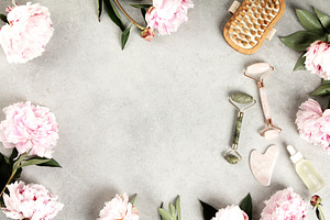 Spa and Wellness Flat Lay with Peonies and Skincare Tools, a Beauty & Fashion Photo by Natalia Klenova's Shop