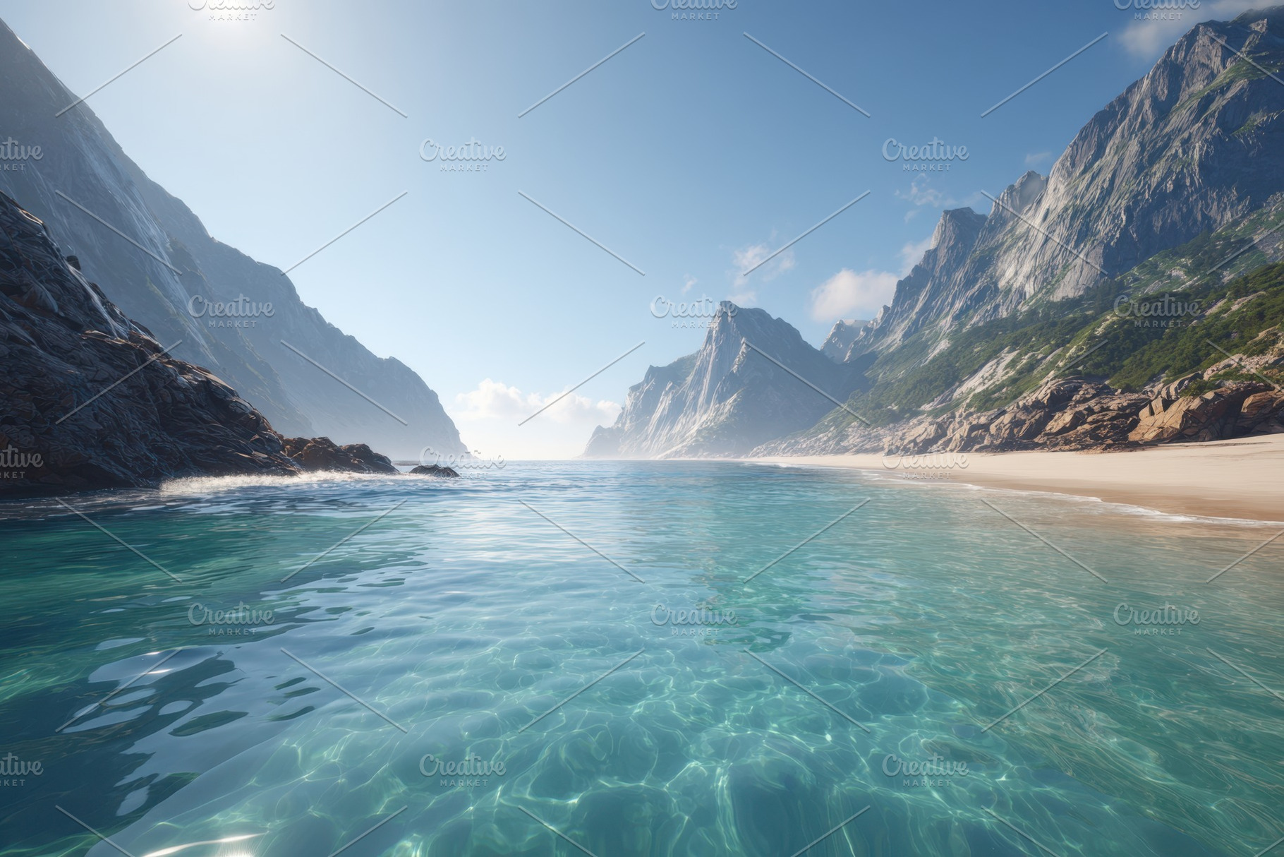 Serene beach with turquoise water and rocky mountains, a Nature Photo by AlyaAnd