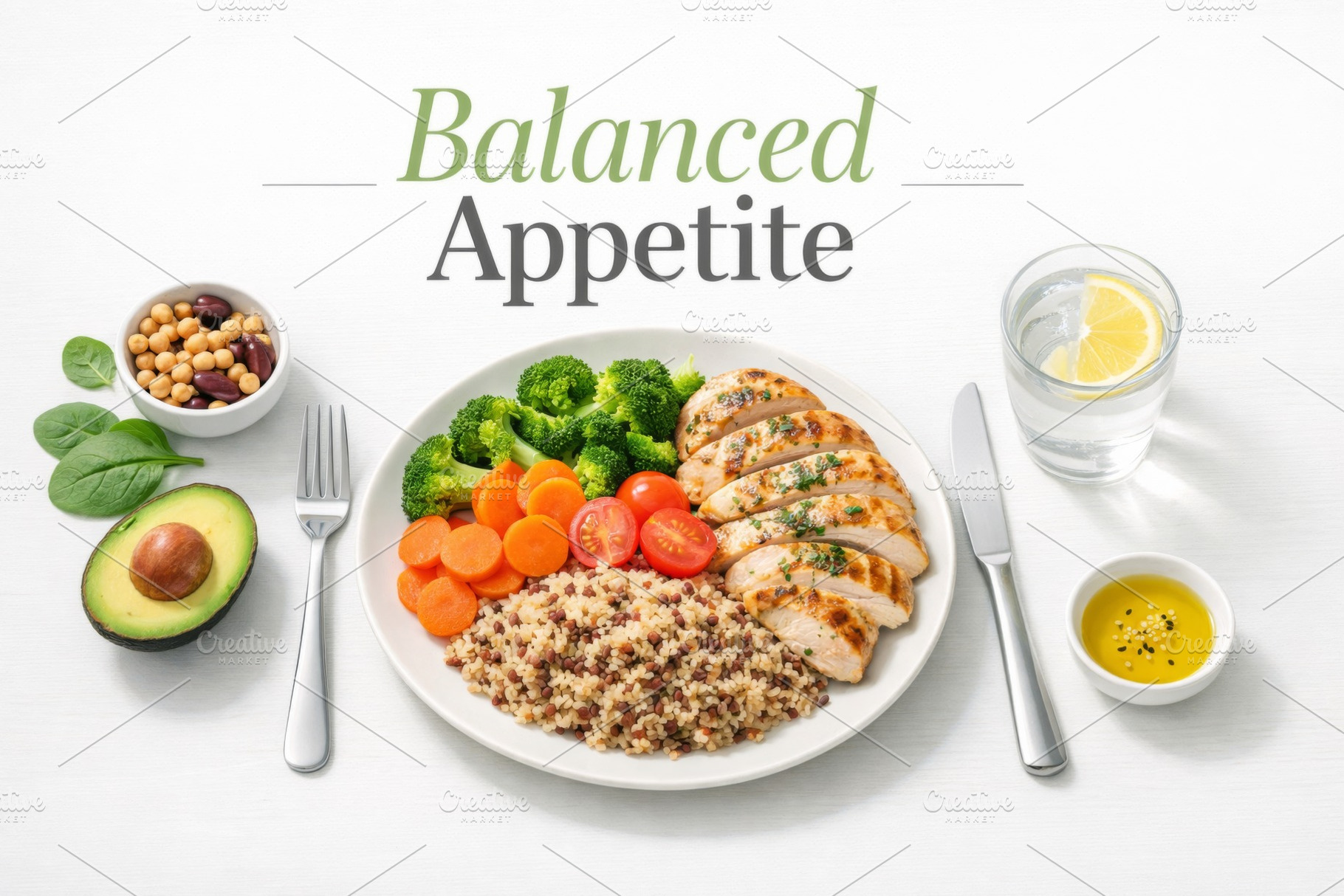 Balanced appetite meal with chicken, quinoa, vegetables on white, a Photo by Dvoevnore photos