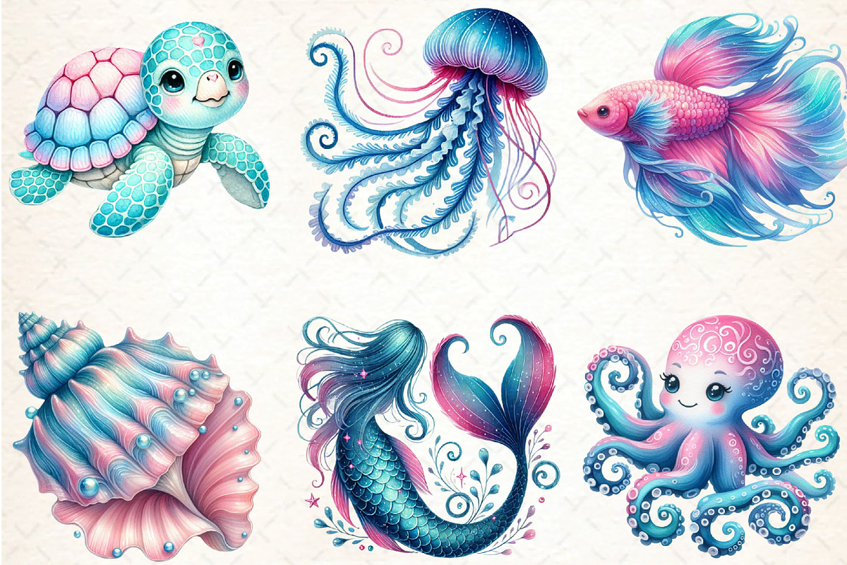 Watercolor Blue & Pink Sea Life Clip, an Illustration by DreamCafeArt (Photo 2 of 4)