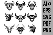 Set of bull heads isolated on white, an Animal Illustration by Vectorhight (Thumbnail 1 of 4)