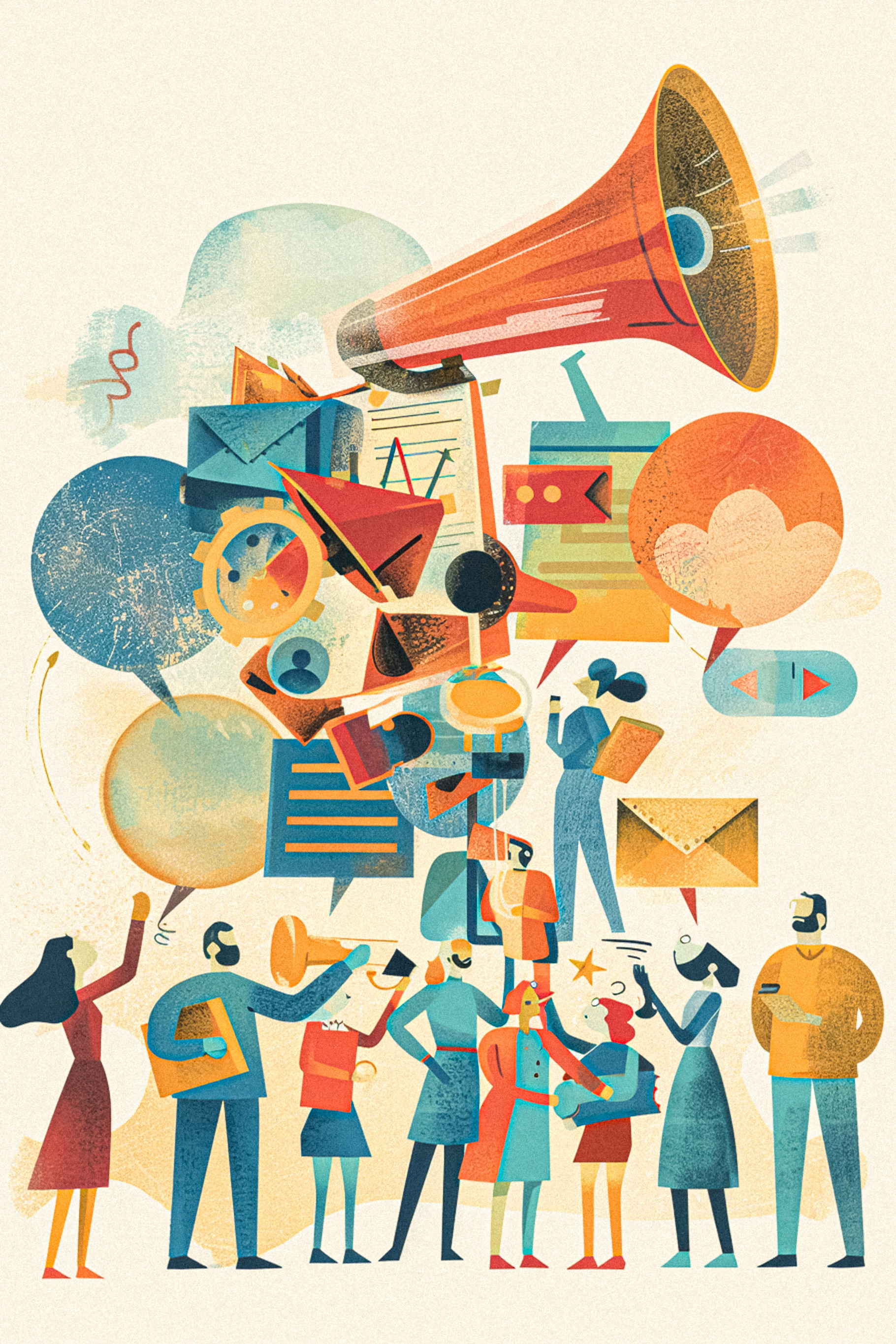 Retro art illustration of voting, social media, communication an, a ...
