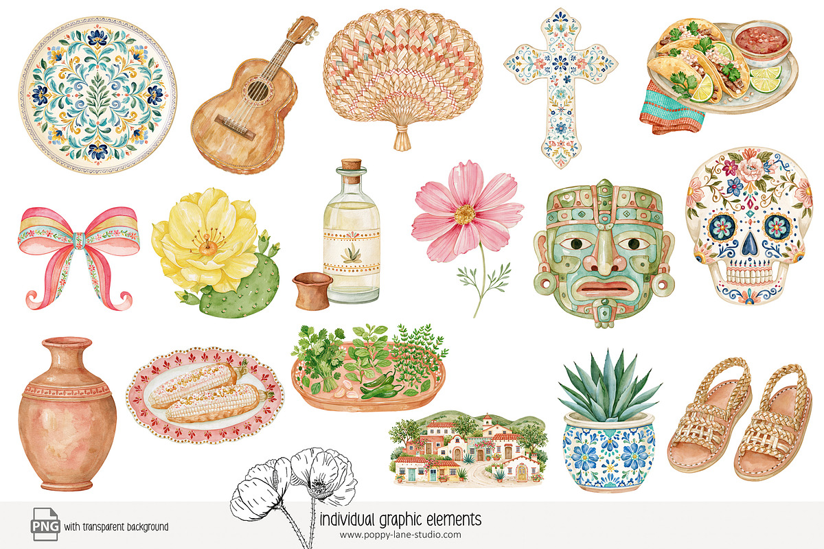 140 watercolour Mexico clip art, a Person Illustration by Poppy Lane Studio