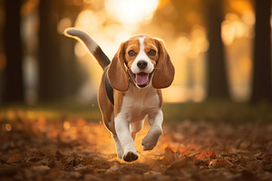 Young beagle dog running in autumn park, an Animal Photo by AlyaAnd