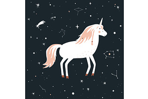 Cute unicorn on the night sky, an Animal Illustration by Toltemara
