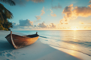 Tropical beach at sunset with a boat, a Nature Photo by MistyDay