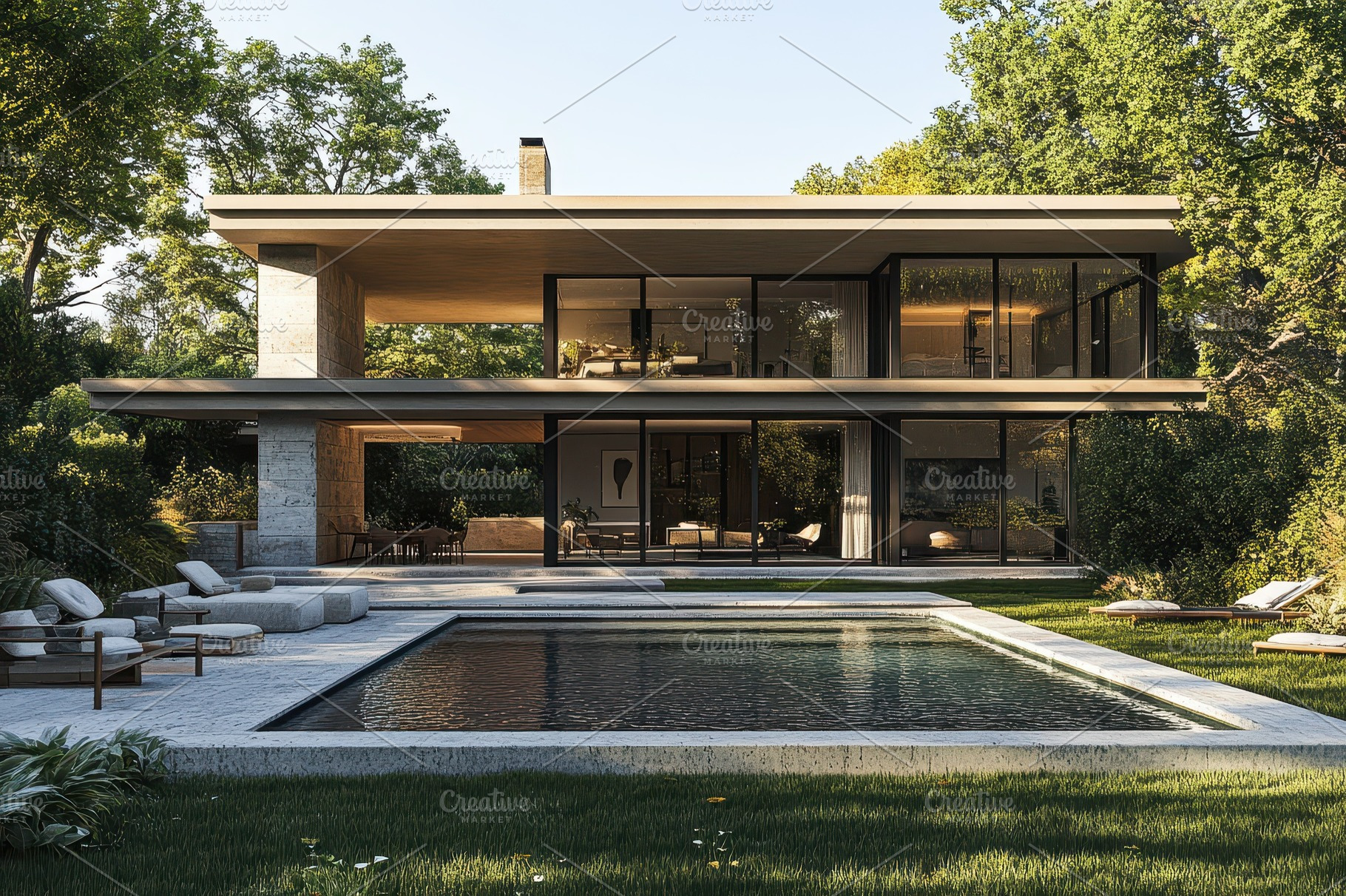 Modern house with pool surrounded by, an Abstract Photo by Pixeness