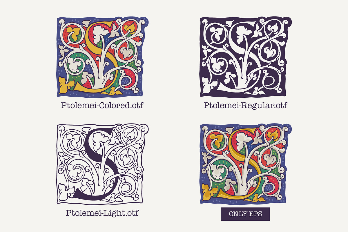 Ptolemei Colored drop caps font, a Blackletter Font by kaer_shop (Photo 2 of 12)