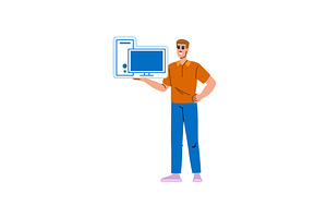 Smiling technician holding desktop, a Technology Illustration by pikepicture