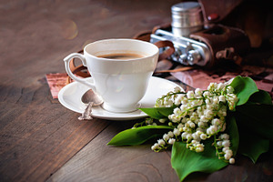 Coffee, flowers & vintage camera