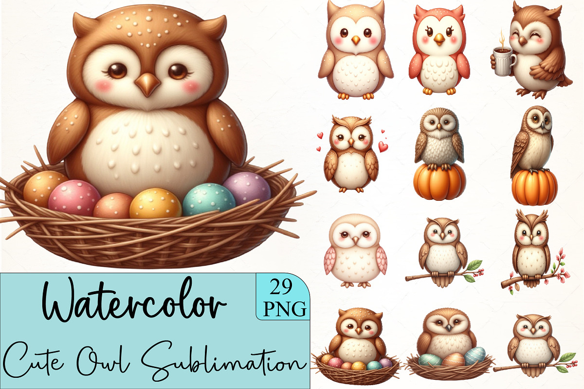 Cute Owl Sublimation Clipart, an Illustration by CrexoraLab (Photo 1 of 5)