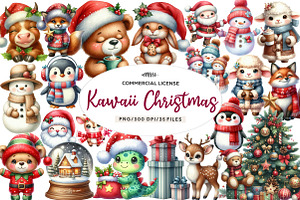 Kawaii Vintage Christmas Clipart, an Illustration by CreationArt