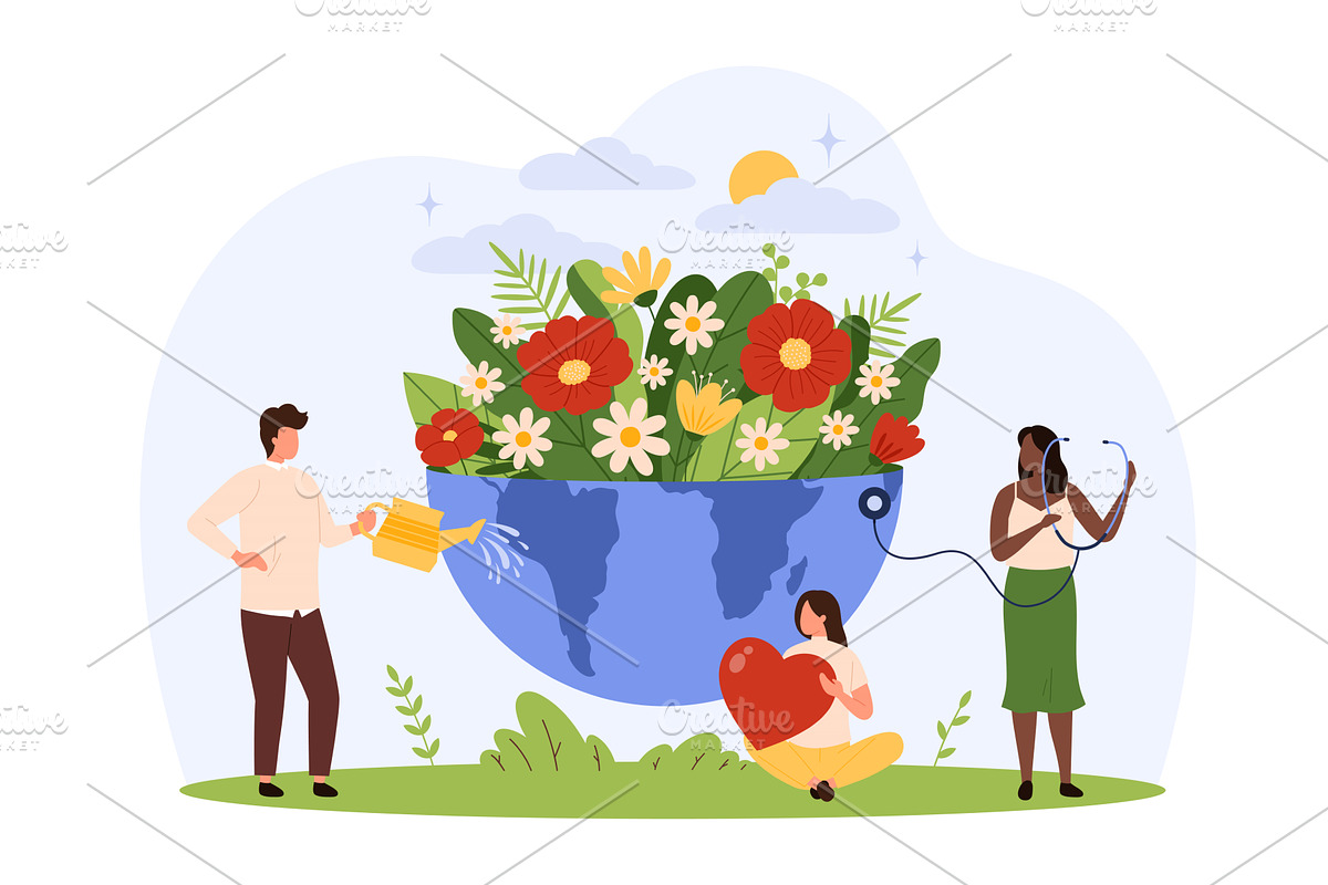 Caring Earth Flowers design, a Person Illustration by Flashvector