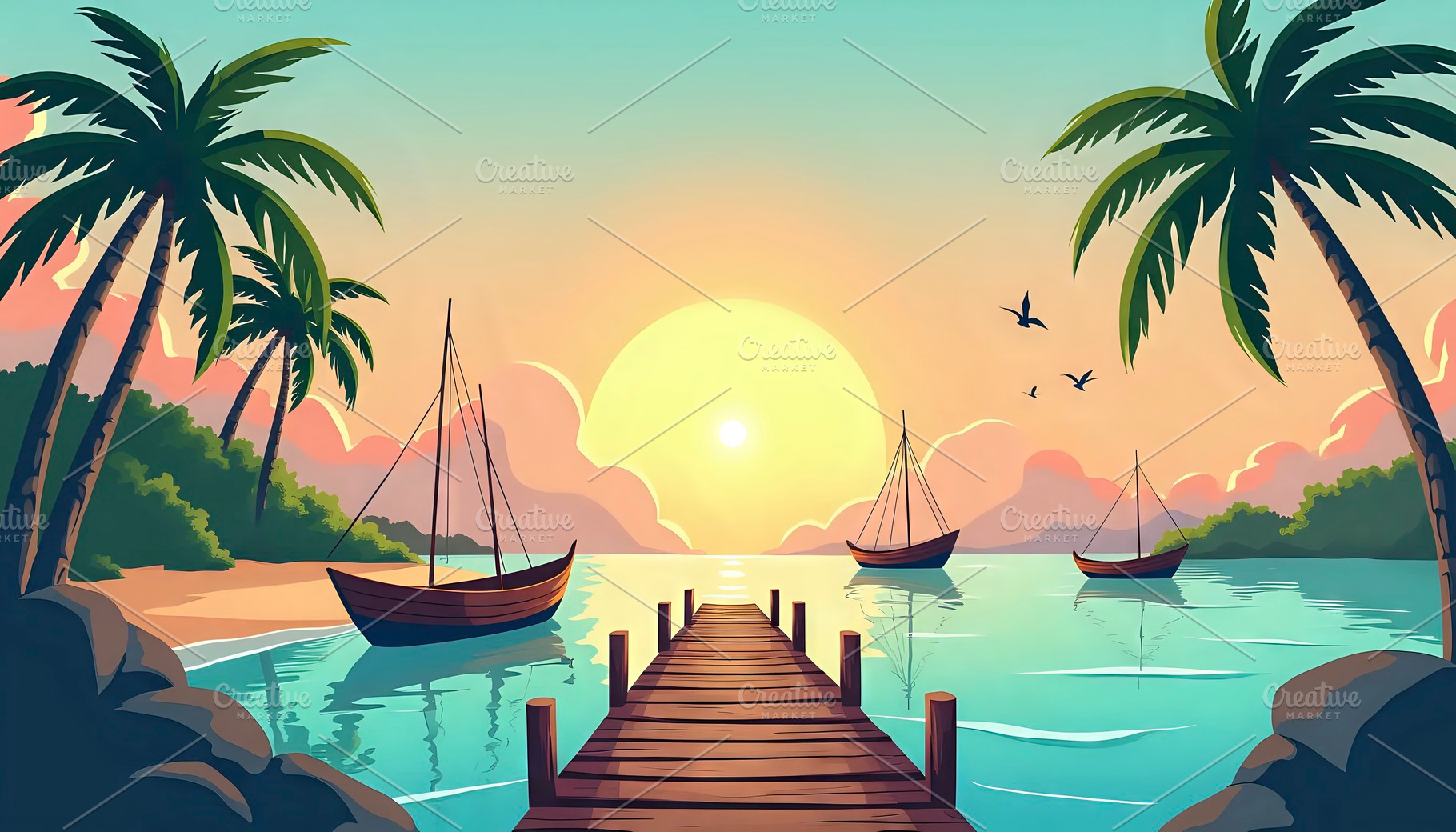 Island Fishing Pier With Boats And S, a Photo by LOGOCREATIVE