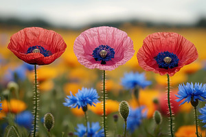 Three vibrant poppies with blue cornflowers in a colorful meadow, a Nature Photo by José Manuel Gelpi