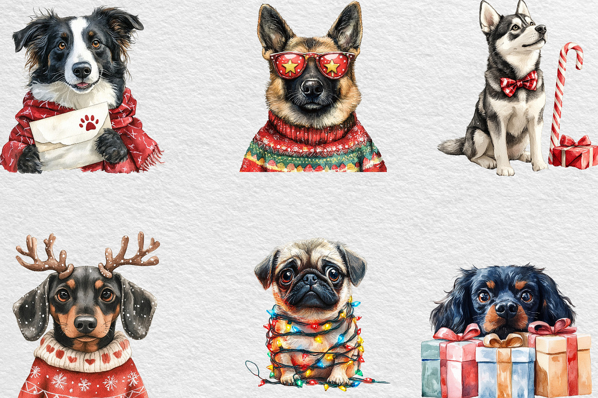 Watercolor Christmas Dog Clipart, an Illustration by Black Bird Studio (Photo 2 of 6)