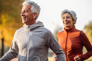 A man and a woman jogging in the park created with Generative AI technology, a Health & Medical Photo by OSORIOartist