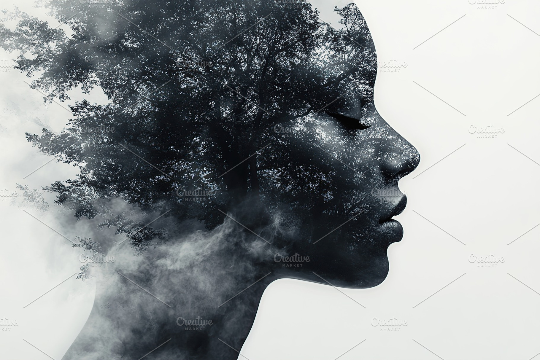 Silhouette of a human head with tree pattern blending into the background lands, a Person Photo by AlyaAnd