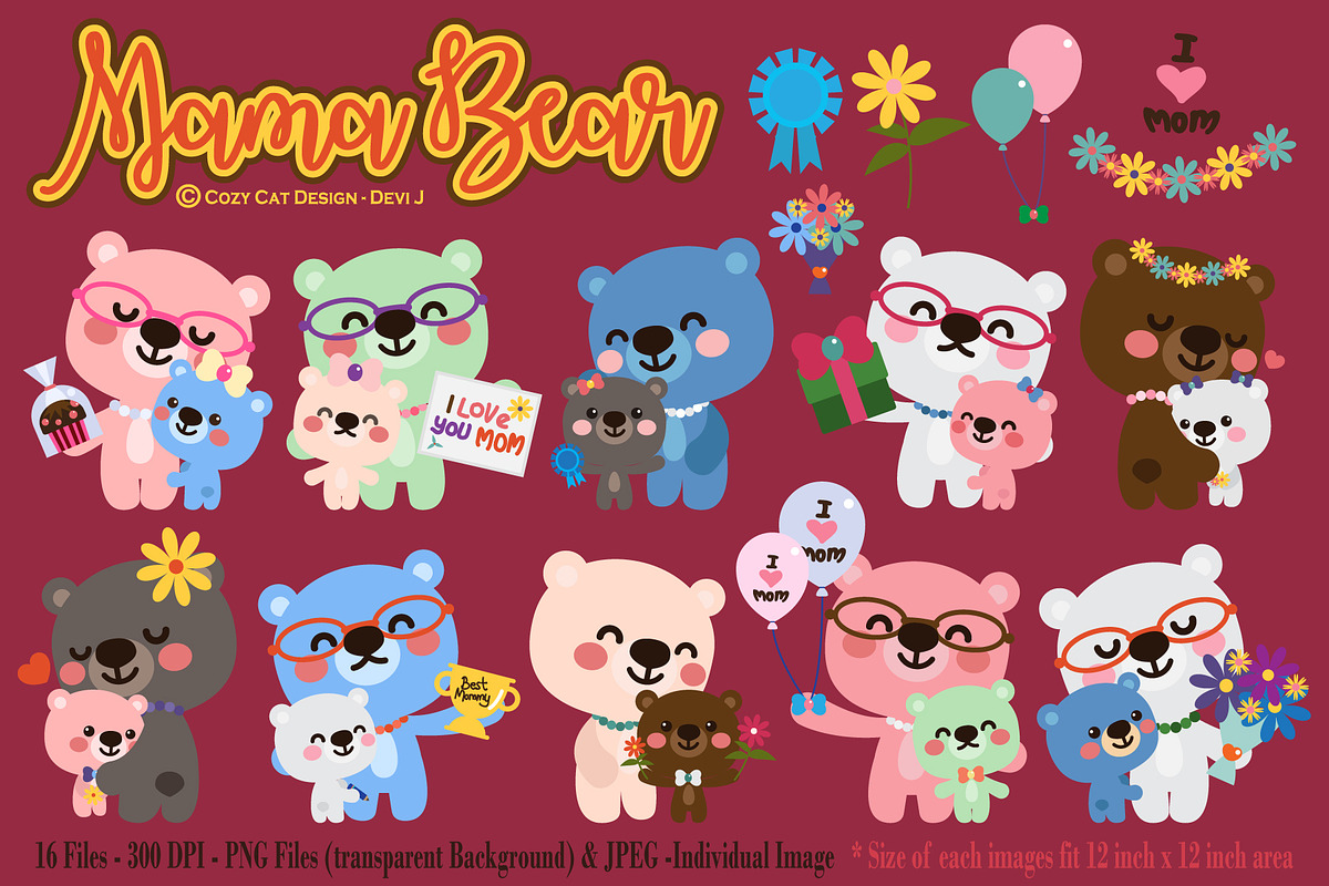 Mama Bear Digital Clip Art, a Seasonal Illustration by Cozy Cat Design (Photo 3 of 10)