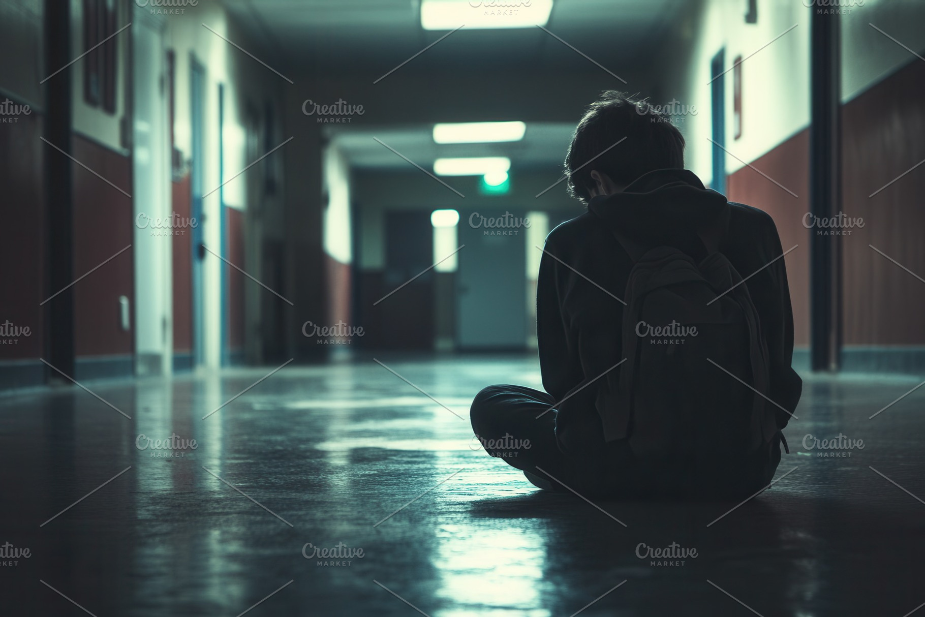 Young student stands alone in a dark, a Photo by Pavel_design
