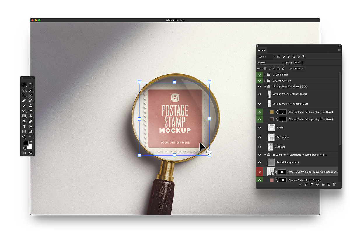 Postage Stamp Under Magnifying Glass, an Advertising Mockup by Custom Scene (Photo 7 of 11)