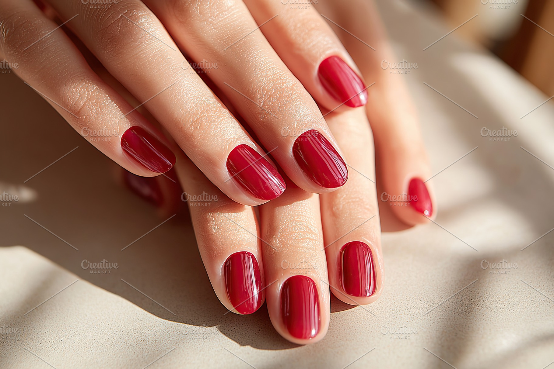 Beautifully manicured female hands with glossy red nail polish during daylight, a Photo by AlyaAnd