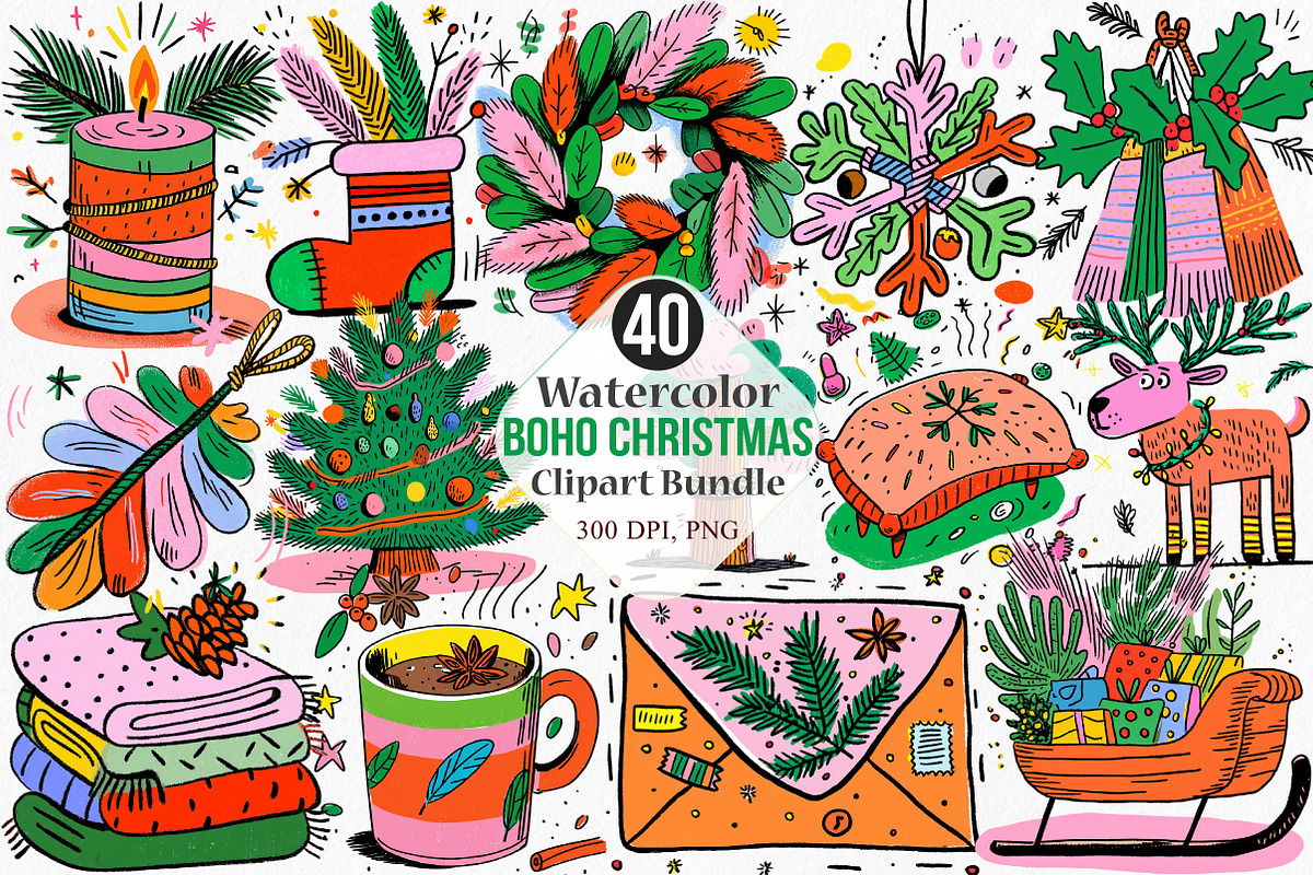 Watercolor Boho Christmas Clipart, an Illustration by Canvas Craft (Photo 1 of 8)