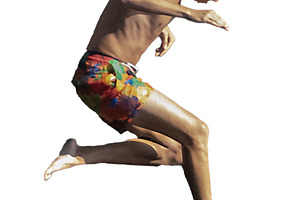 Young man in mid-air jumping isolated photo, a Person Photo by DanFLCreativo