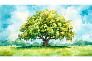 Huge Oak Tree in the Middle of Green, an Illustration by LadadikArt