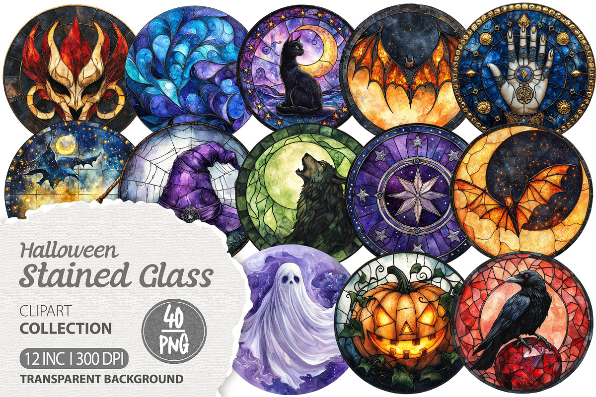 Halloween Stained Glass Clipart, an Illustration by Dream Creation (Photo 1 of 5)
