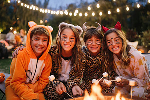 Kids enjoy a fun Halloween campfire gathering while wearing animal costumes at, a Holiday Photo by AlyaAnd