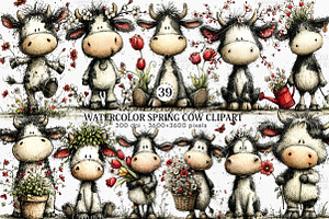Watercolor Spring Cow Clipart Bundle, an Illustration by Canvas Craft