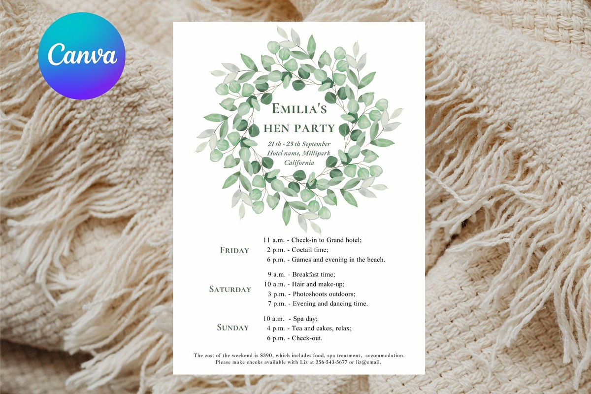 Eucalyptus Hen weekend itinerary, an Invitation Template by EvaTemplates (Photo 1 of 6)