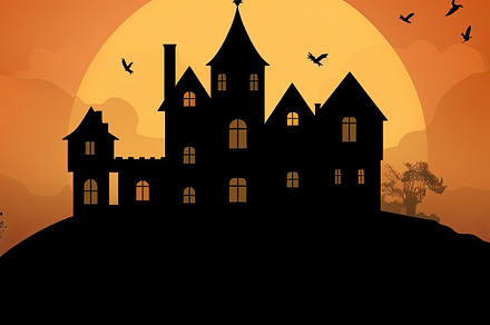 Orange halloween landscape with a haunted castle in the backgrou, a Holiday Photo by José Manuel Gelpi
