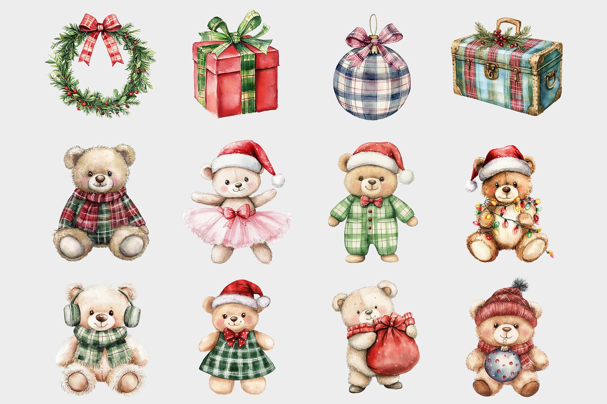 Watercolor Christmas Teddy Bears Cli, a Seasonal Illustration by Design Market (Photo 3 of 5)