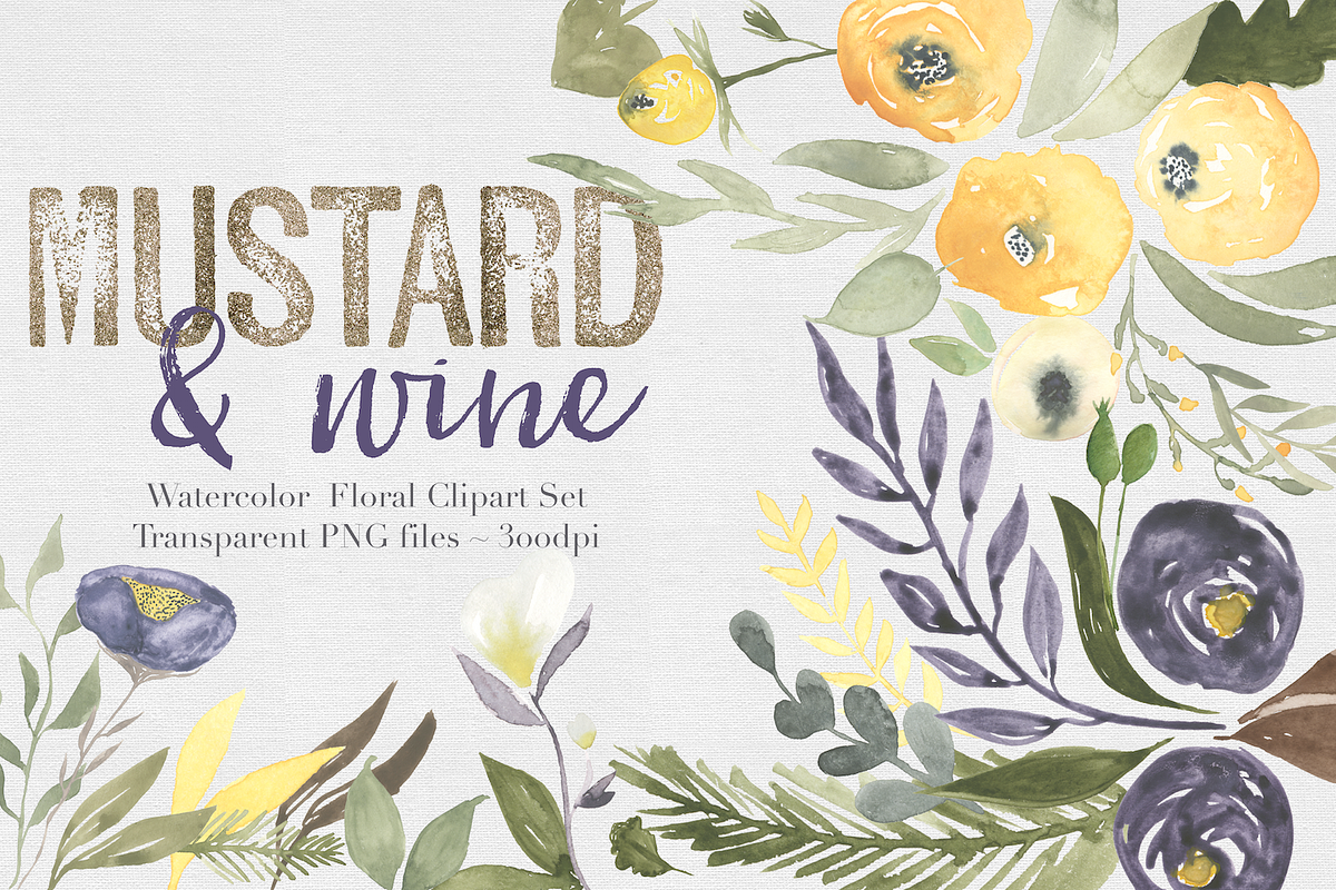 Mustard & wine Floral Clipart Set, an Illustration by The Autumn Rabbit Ltd (Photo 1 of 2)