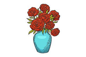 Flowers In Vase Engraving Vector