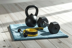Dumbbells and measuring tape on a yoga towel on a light wood flo, a Sports & Recreation Photo by DanFLCreativo