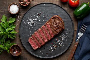 Medium-rare grilled steak sliced and, a Food & Drink Photo by professorinc