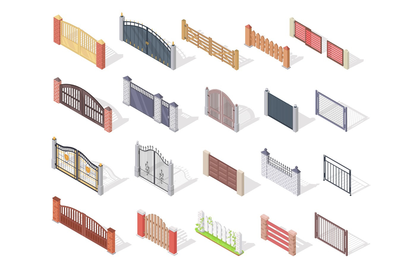 Set Of Gates And Fences In Isometric Projection by Robuart  Creative Market