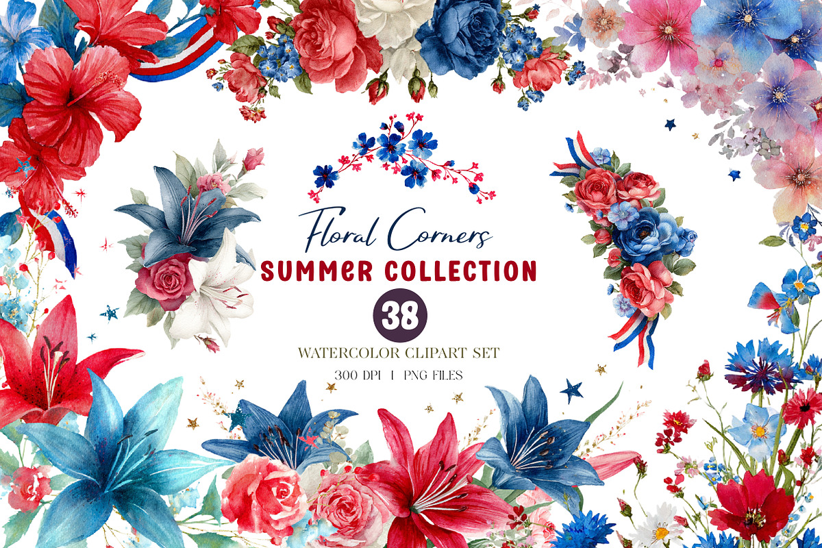 Patriotic Floral Corners Clipart, a Seasonal Illustration by CreationArt (Photo 1 of 4)
