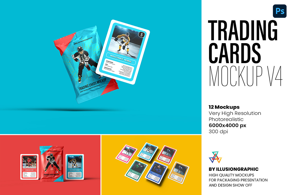 Trading Cards Mockup v.4 - 12 views, a Merchandise Mockup by Illusiongraphic (Photo 1 of 25)